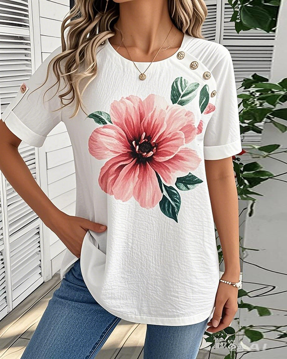 Bluse Rundhals Blumendruck Kurzarm