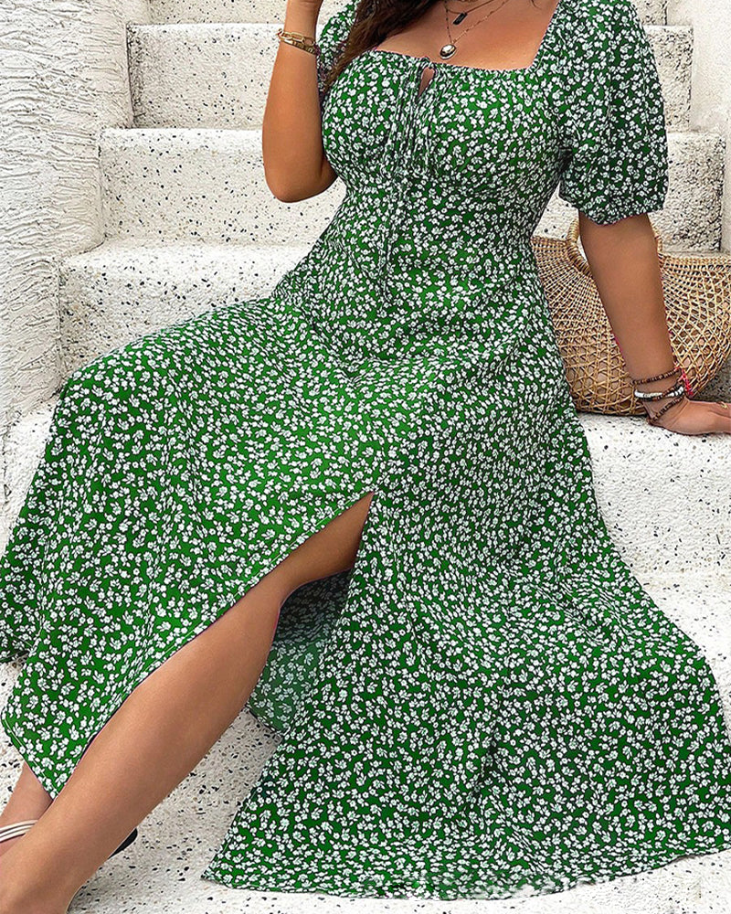 Kleid Kurzarm Schlitz Blumendruck