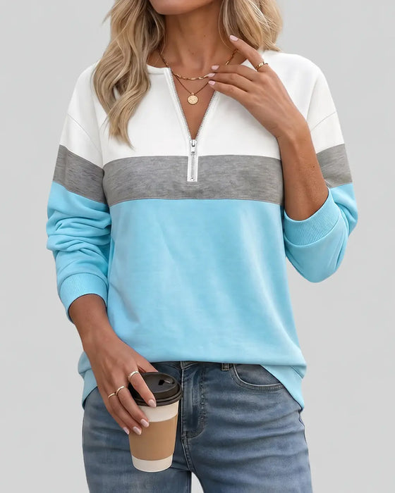 Sweatshirt Mit Reißverschluss, Stehkragen Und Farbblockierung Langarm