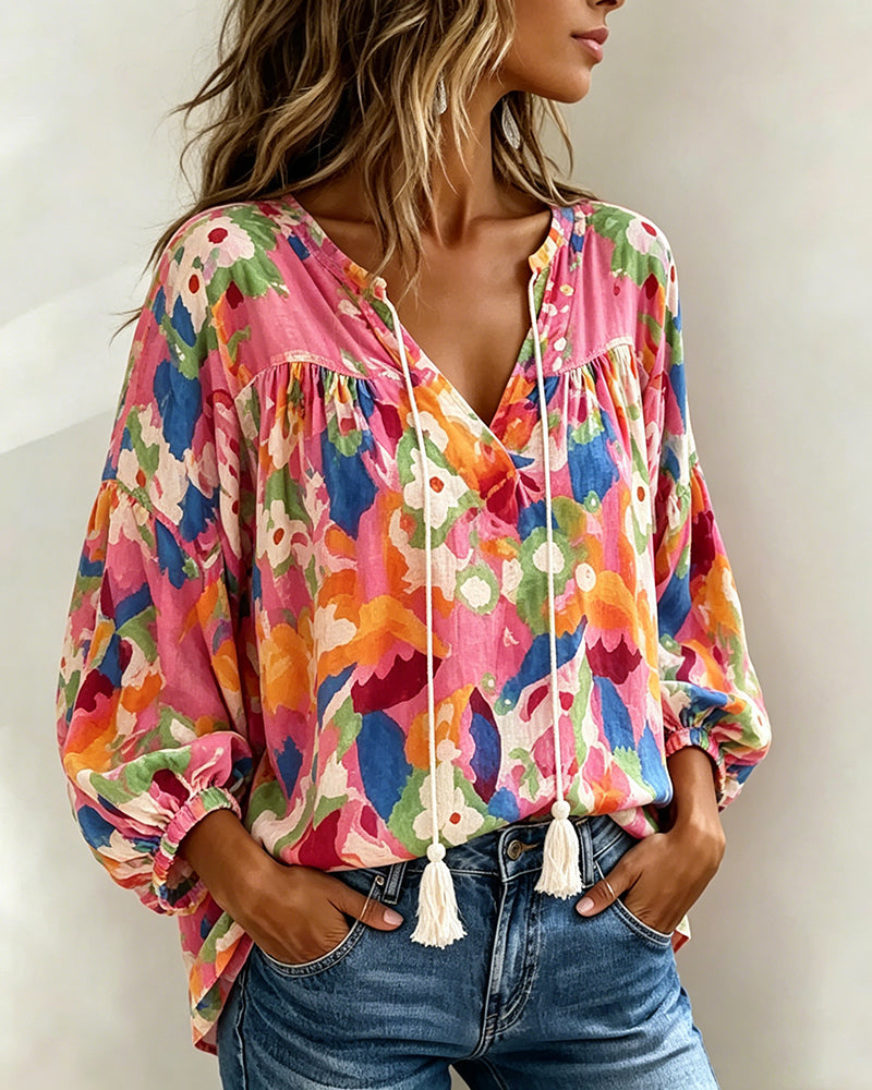 Bluse Bunt Bedruckt Laternenärmel Franse