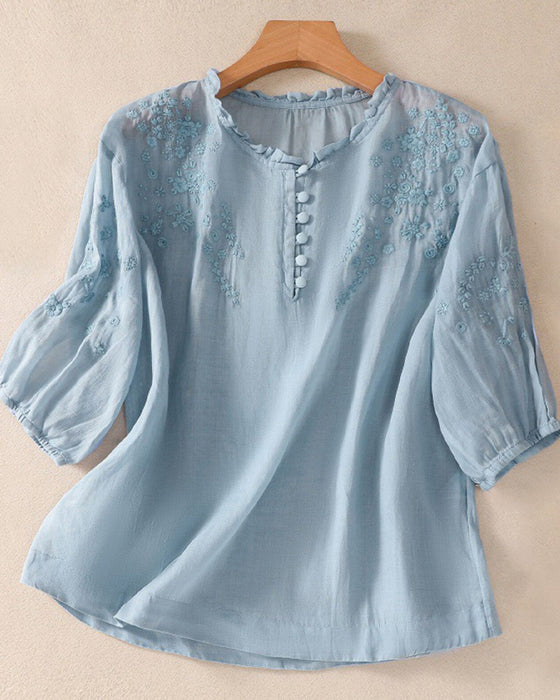 Bluse Stickerei 3/4-Arm Einfarbig