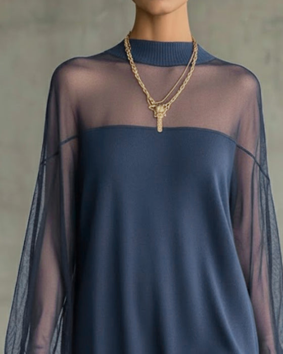 Kleid Laternenärmel einfarbig Patchwork