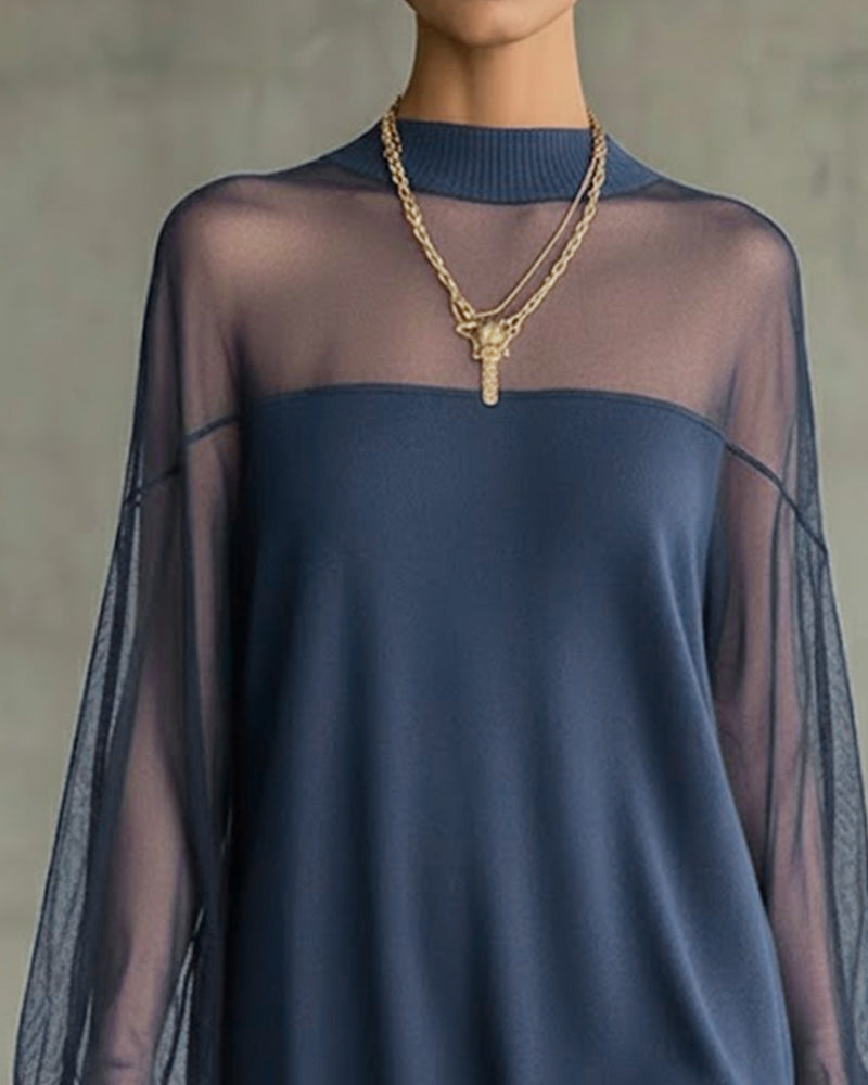 Kleid Laternenärmel einfarbig Patchwork