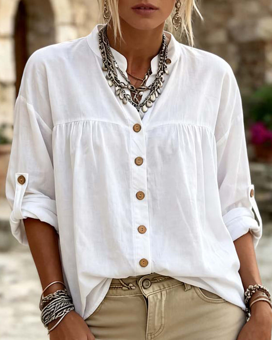 Bluse Mit Stehkragen Langarm Unifarbe Knopfleiste
