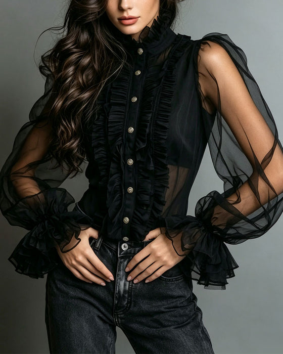 Bluse Knopf Rüsche Trendy