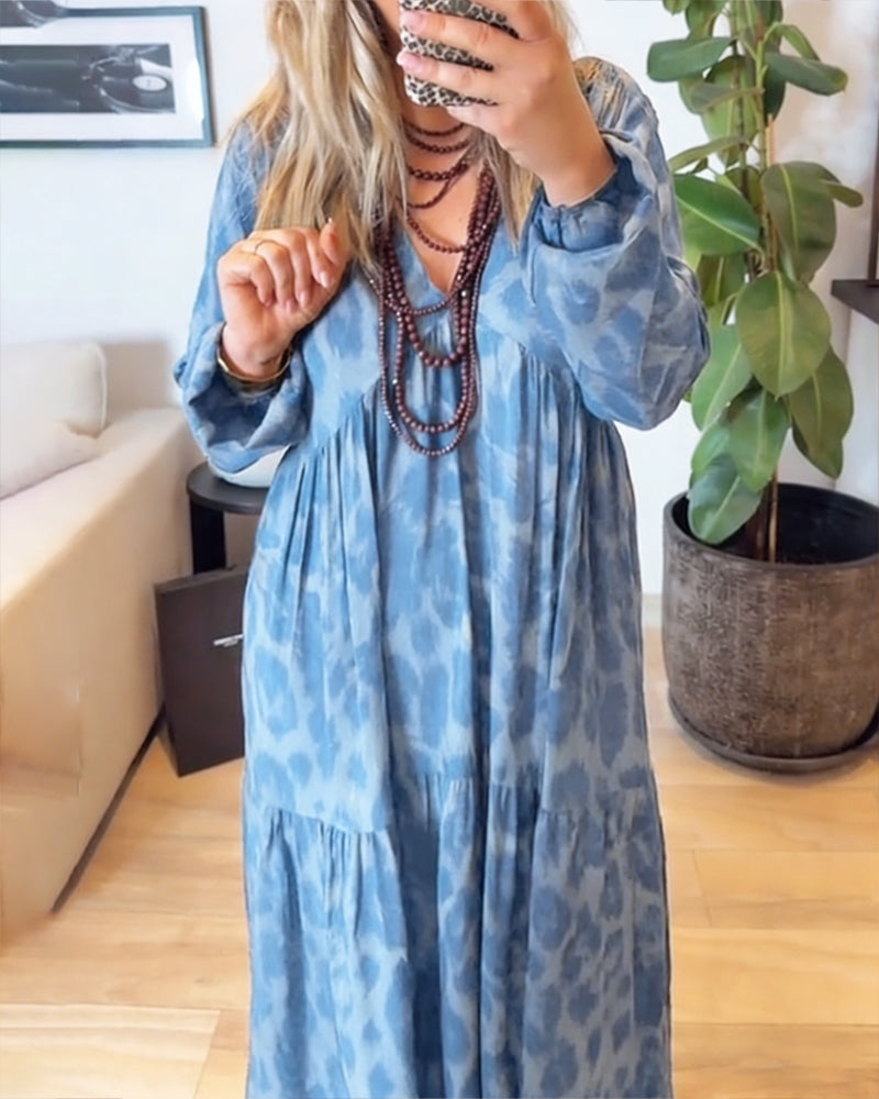Kleid V-Ausschnitt Leopardenmuster Mode Maxi