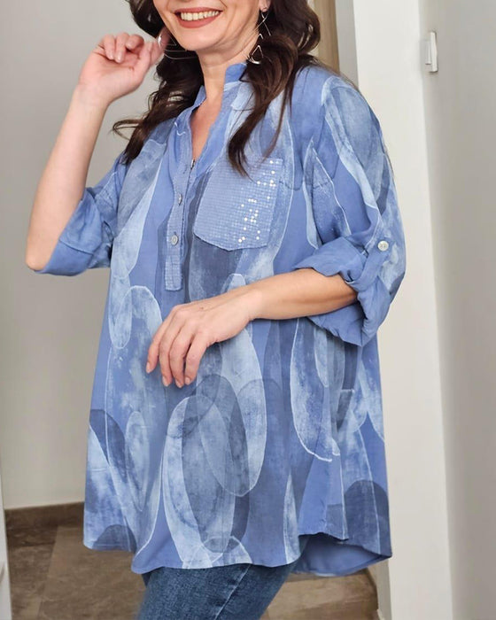 Bluse Knopfleiste bedruckt Tasche