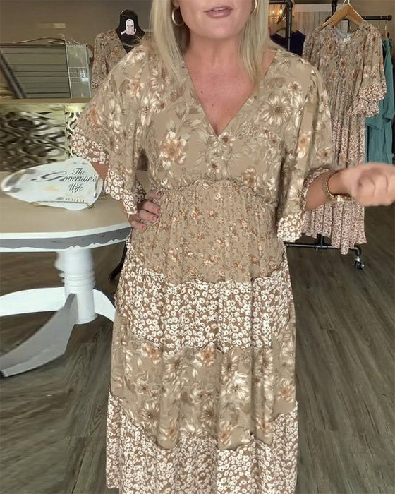 Kleid V-Ausschnitt Lotusärmel Blume