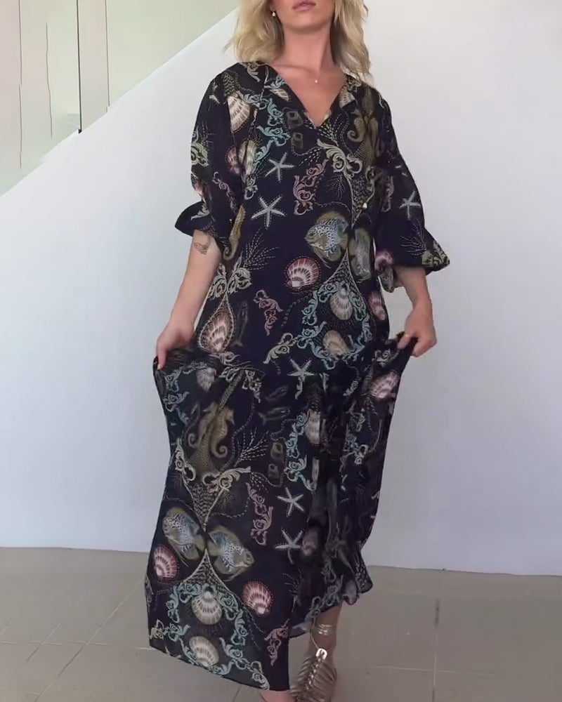 Kleid V-Ausschnitt Marine Druck Langarm