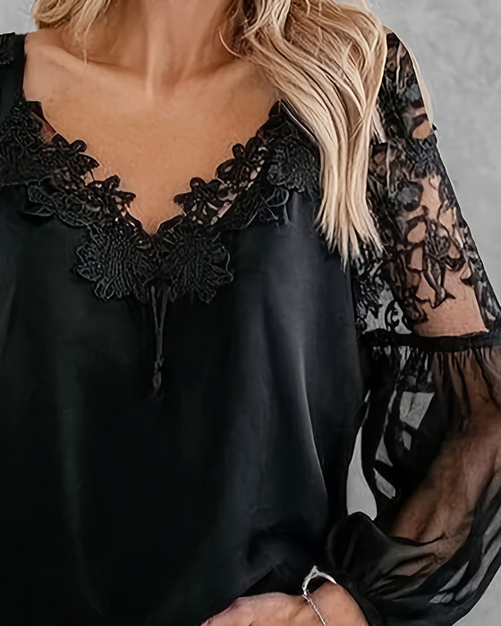 Bluse V-Ausschnitt Spitze Patchwork Mesh