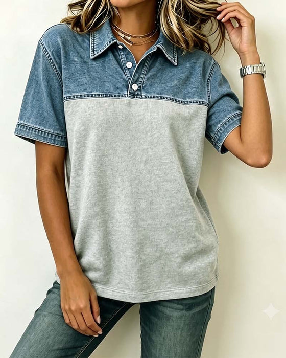 Bluse Kurzer Ärmel Hemd Kragen Denim Patchwork