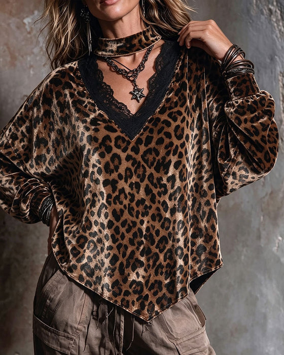 Bluse V-Ausschnitt Leopard Unregelmäßig