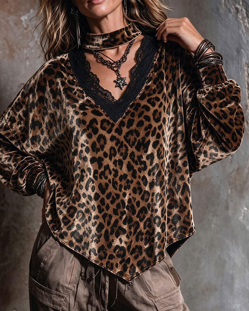 Bluse V-Ausschnitt Leopard Unregelmäßig
