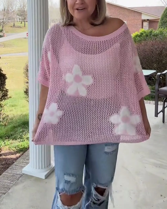 Pullover Rundhals Großes Blumenmuster Hohldesign