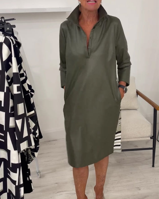 Kleid Revers Uni Langer Ärmel