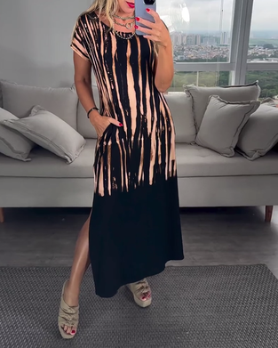 Kleid lässig kurzarm Schlitz Rundhals bedruckt