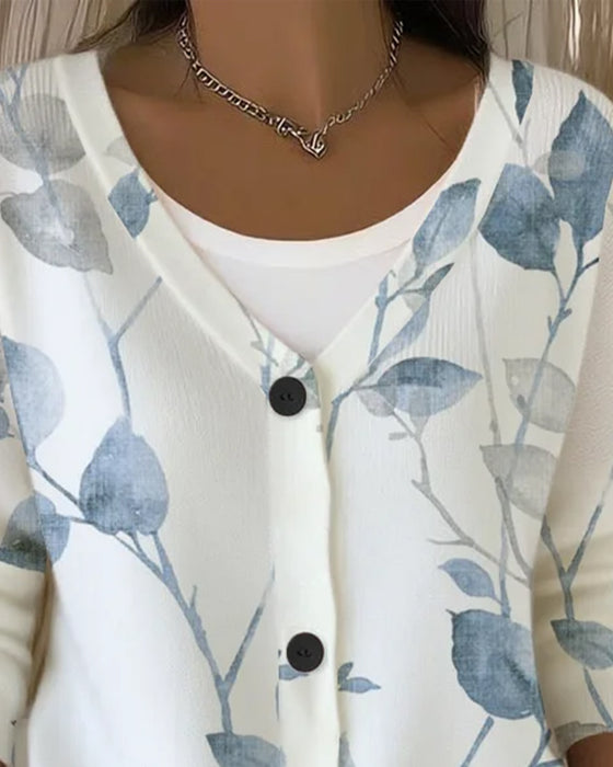 Pullover V-Ausschnitt Knopf Blatt Print