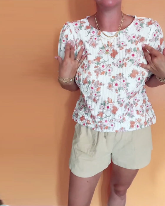Bluse Rundhals Blumen Kurzarm