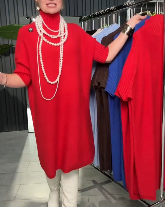 Kleid Hoher Ausschnitt Halblanger Ärmel Gerade Gestrickt