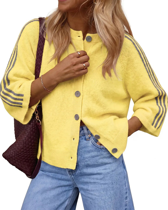 Cardigan Gestreift 3/4 Ärmel Knopf