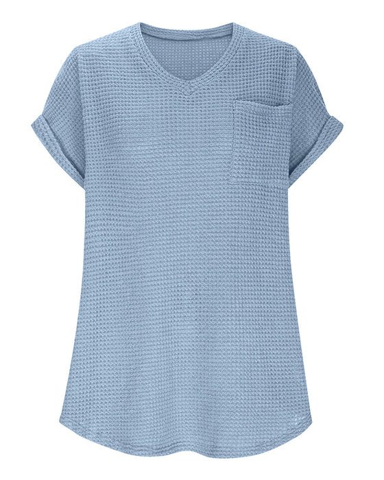 T-Shirt Damen Waffelstrick V-Ausschnitt Lässig Sommer