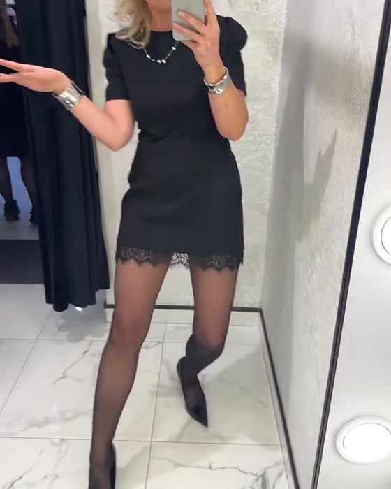 Kleid Puffärmel Spitze Patchwork