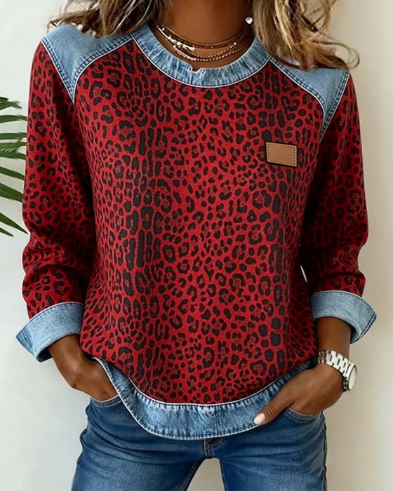 Sweatshirt Leopardenprint Denim Patchwork