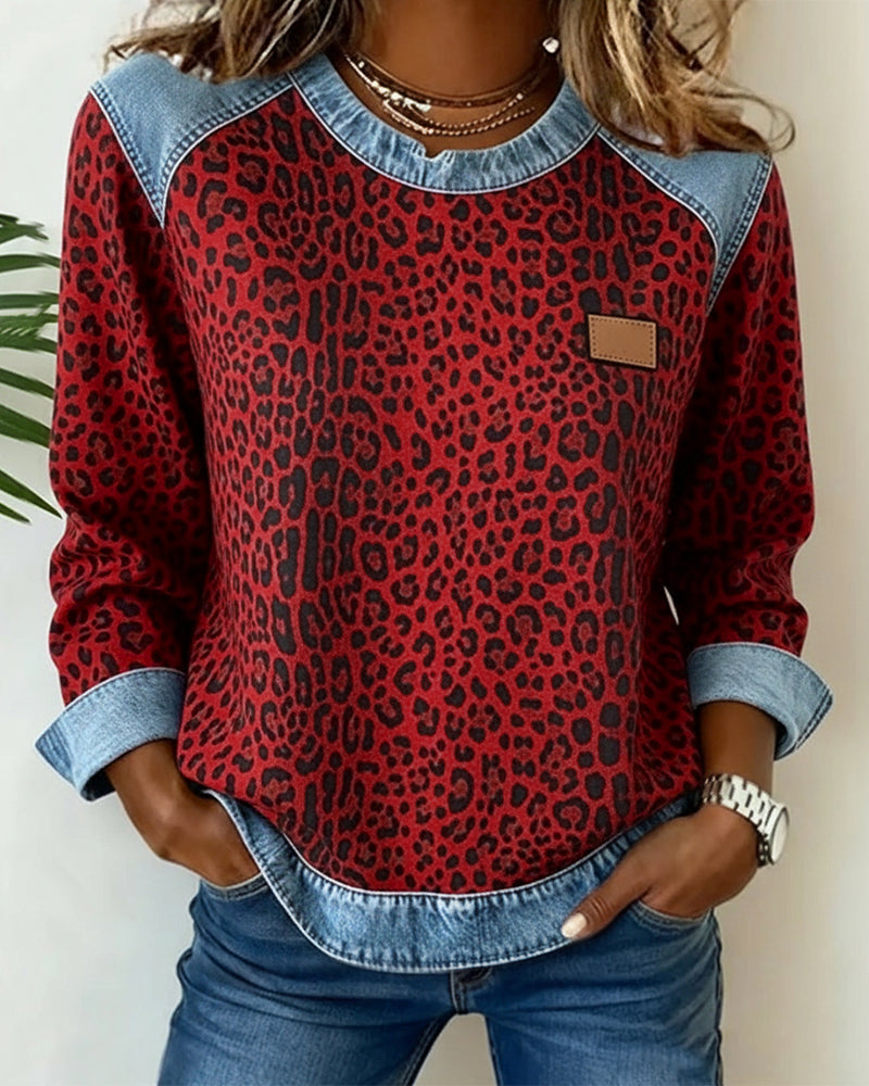 Sweatshirt Leopardenprint Denim Patchwork