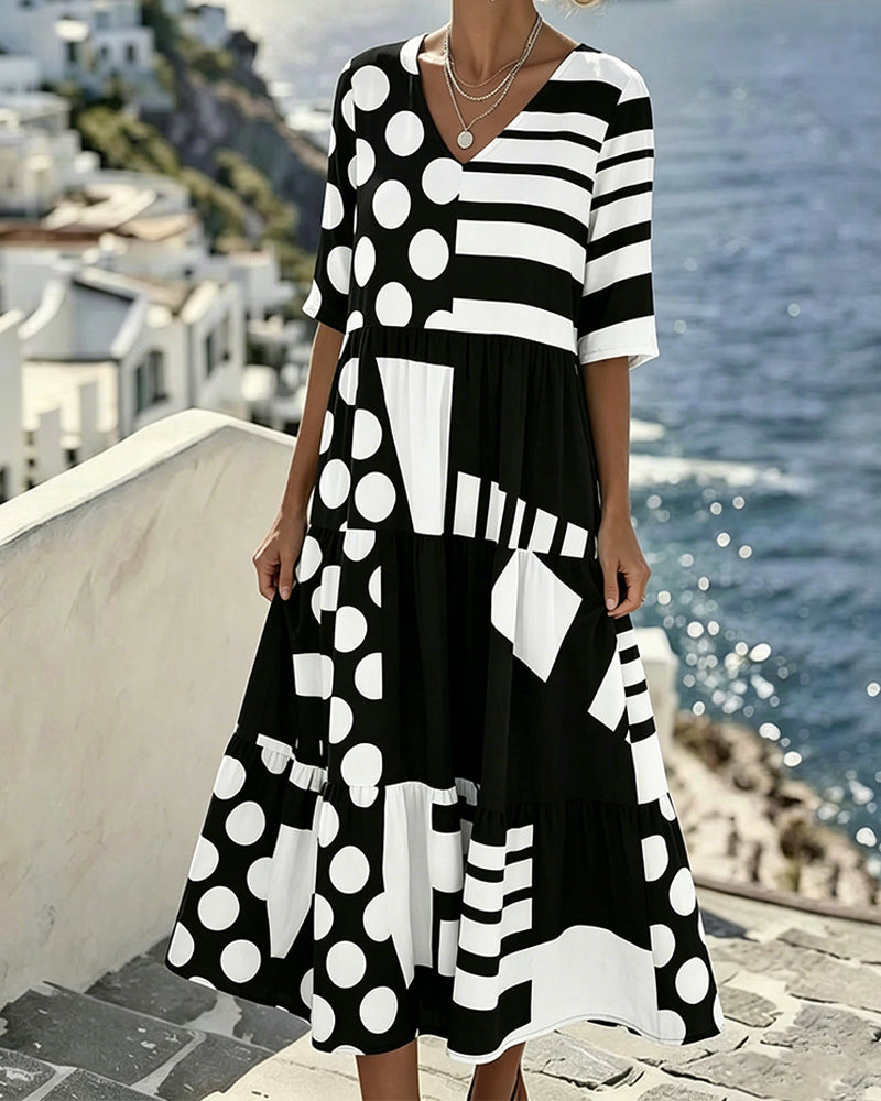 Kleid Polka Punkt Gestreift V-Ausschnitt