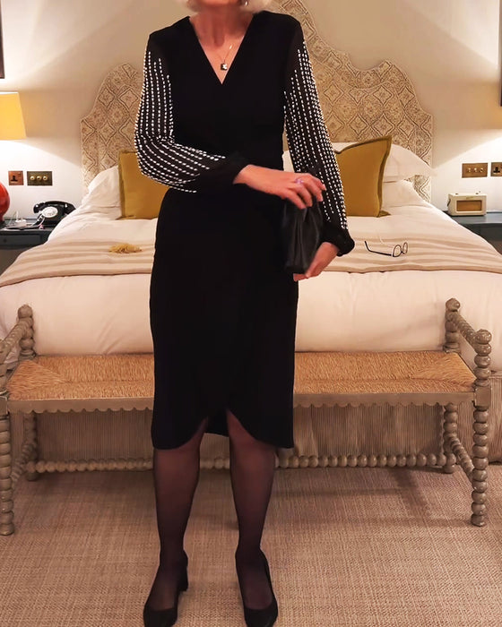 Kleid V-Ausschnitt Langarm Tailliert Midi