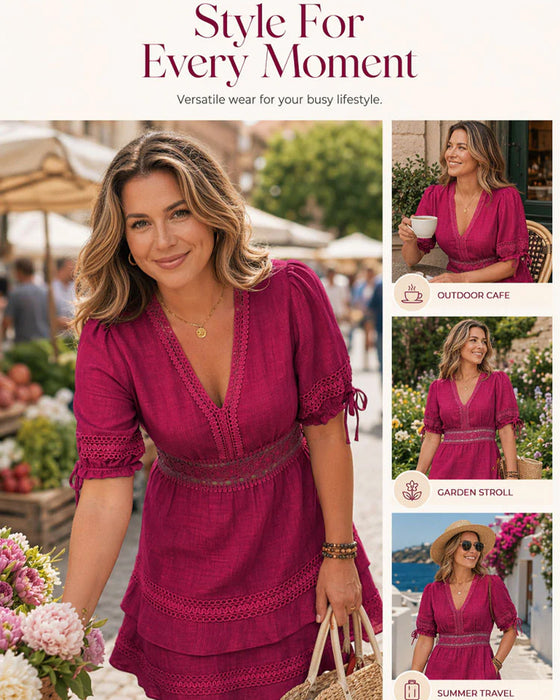 Kleid V-Ausschnitt Gestuft Einfarbig Spitze Patchwork