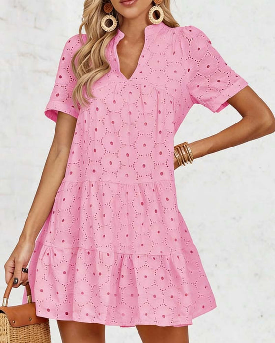 Kleid Durchbrochen V-Ausschnitt Kurzarm