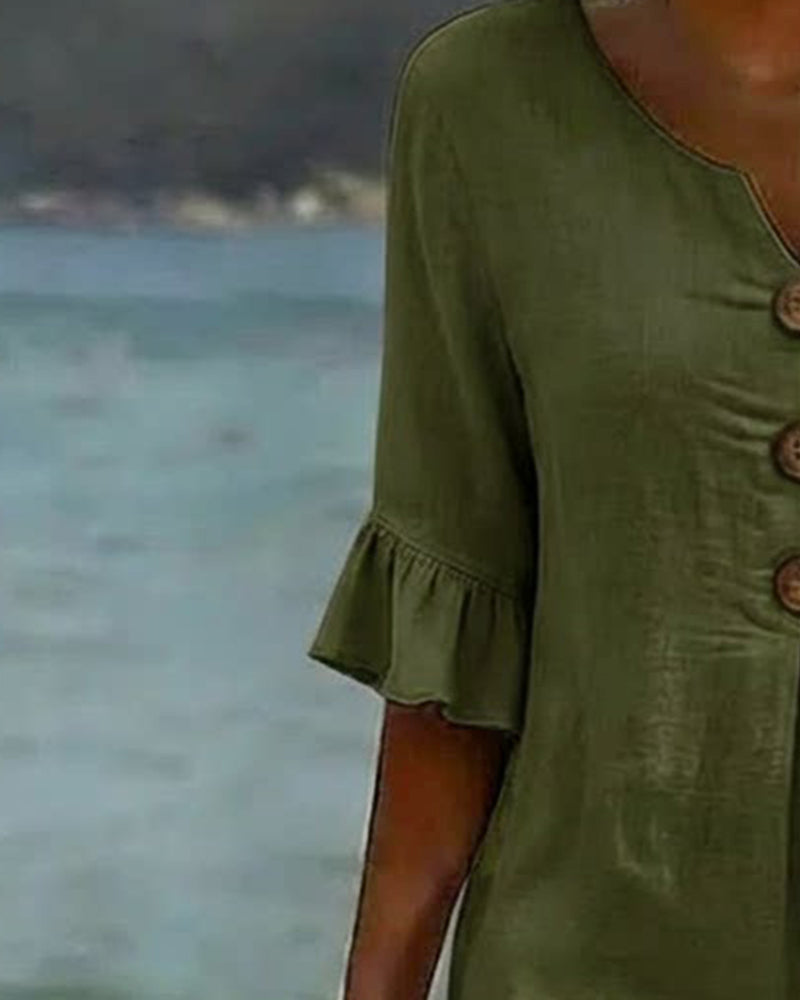 Kleid Knopf Rüsche Ärmel 100% Baumwolle