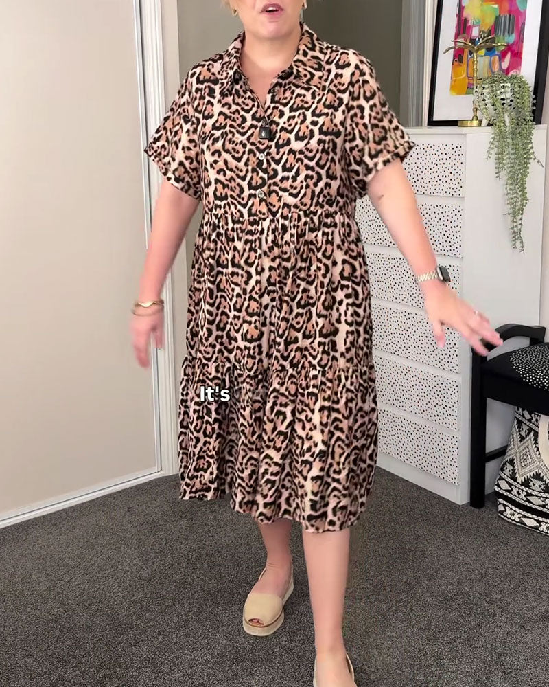 Kleid A-Linie mit Leopardenmuster und Kragen