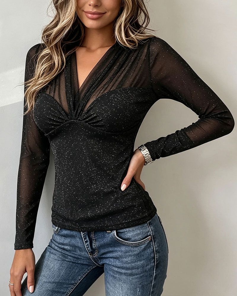 Oberteil Mesh Patchwork V-Ausschnitt Twist