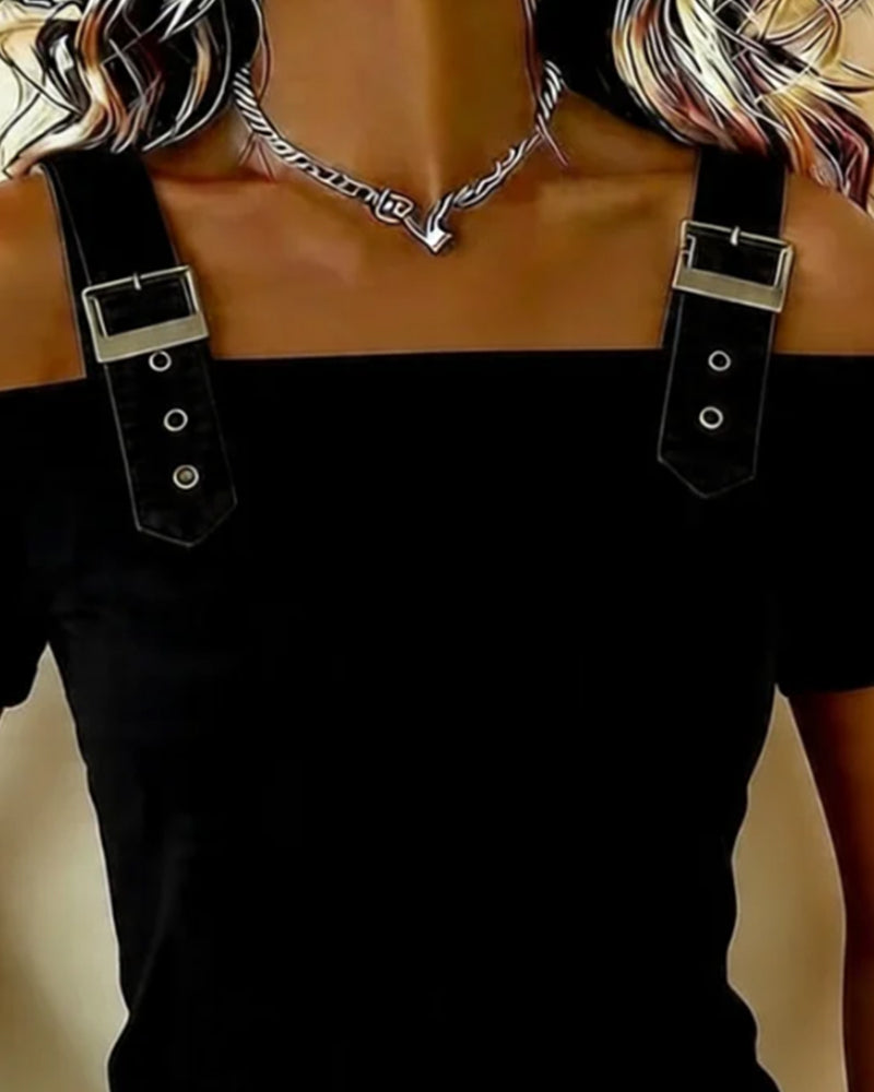 T-Shirt Schiebeschnalle Off-Shoulder Einfarbig Entspannt