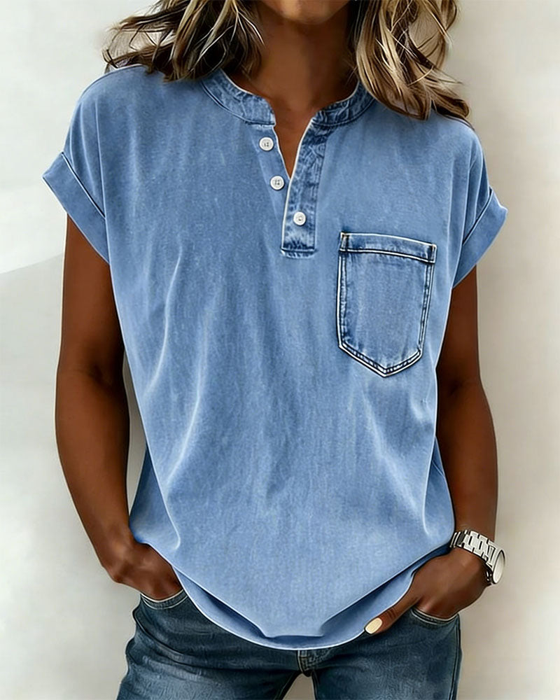 Top Gewaschen Denim Henley Kurzarm