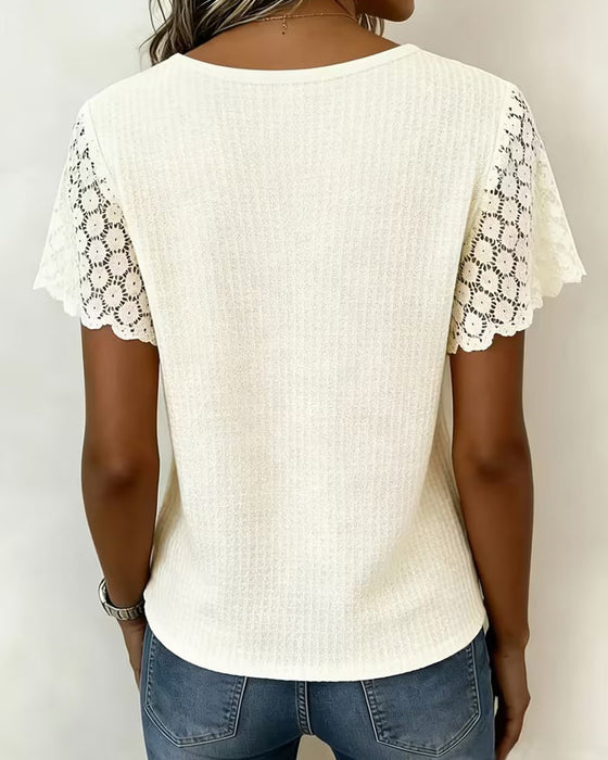 T-Shirt V-Ausschnitt Waffel Spitze Patchwork Uni