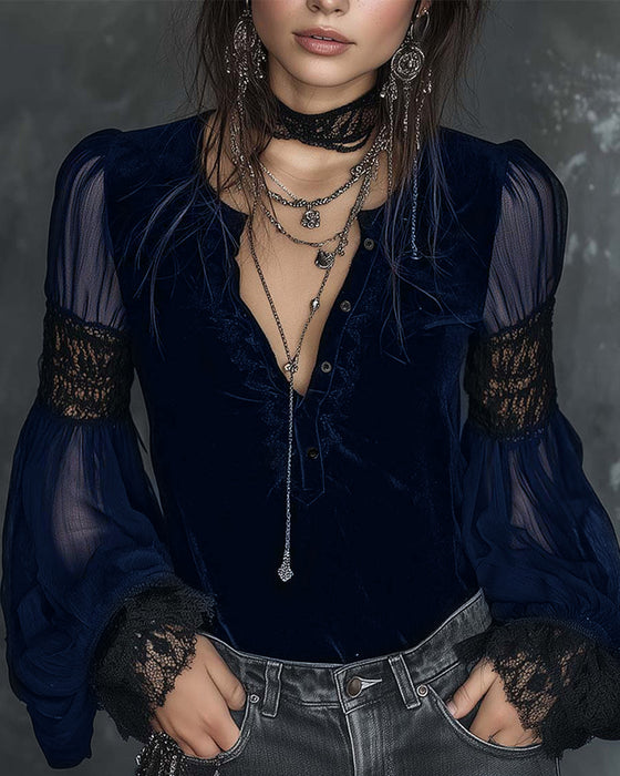 Bluse Knöpfloser V-Ausschnitt Puffärmel