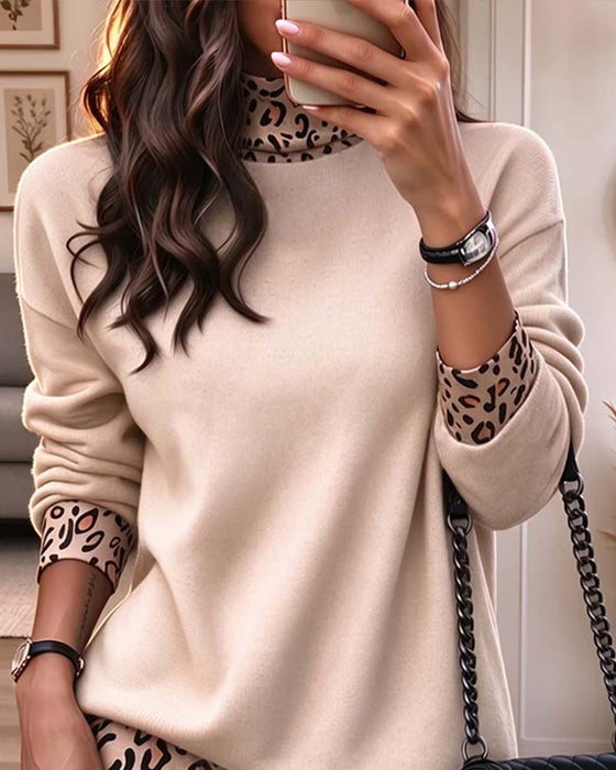 Kleid Hoher Kragen Leopardenmuster Slim