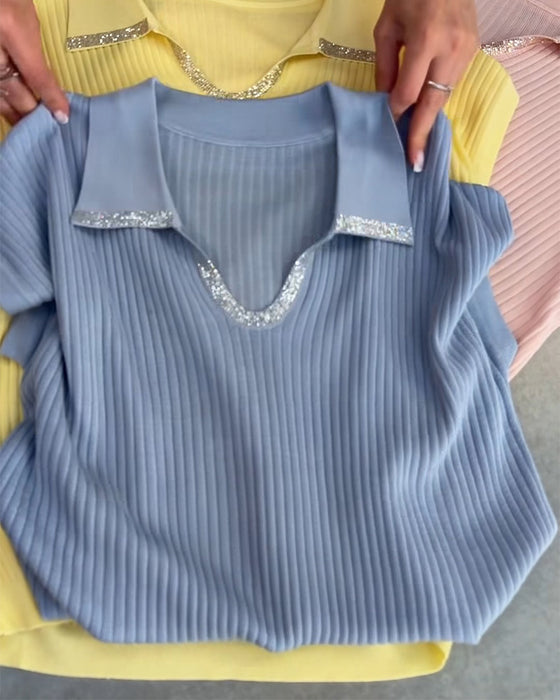 Pullover Revers Einfarbig Kurzarm