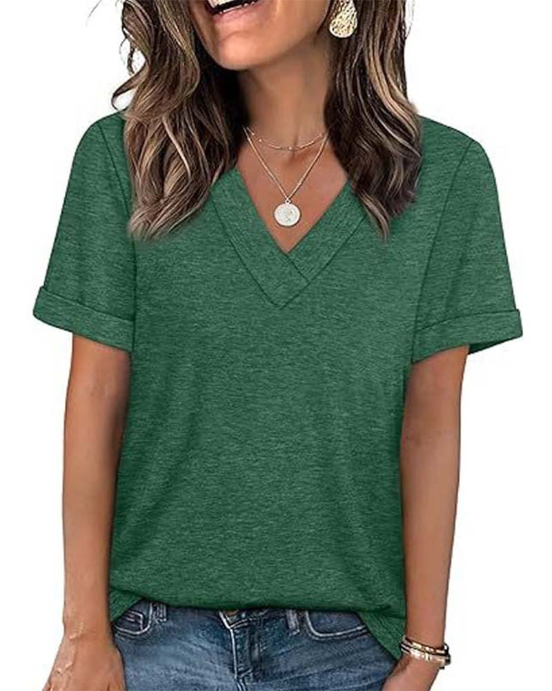 T-Shirt Einfarbig V-Ausschnitt Lässig Kurzarm