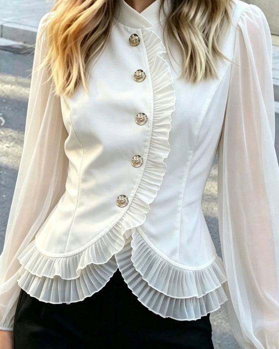 Bluse Mini Mandarin Kragen Sheer Rüsche