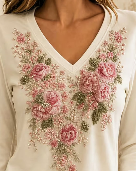 T-Shirt Langarm V-Ausschnitt Blumen