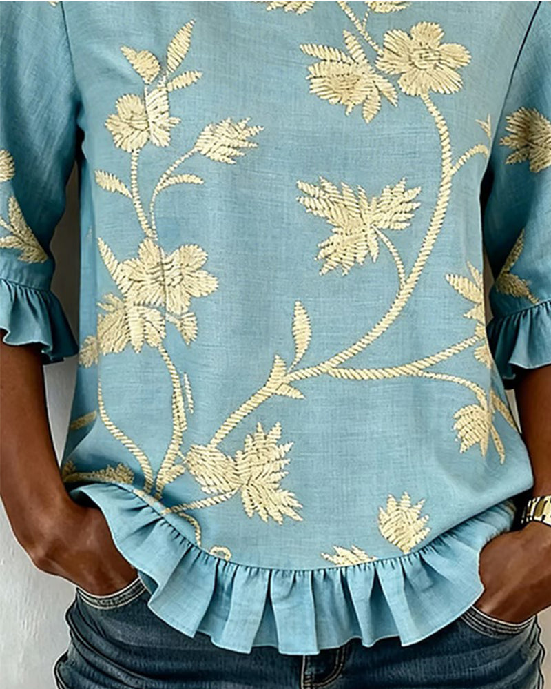 Bluse Jasmin Rüsche Rundhalsausschnitt Halblanger Ärmel