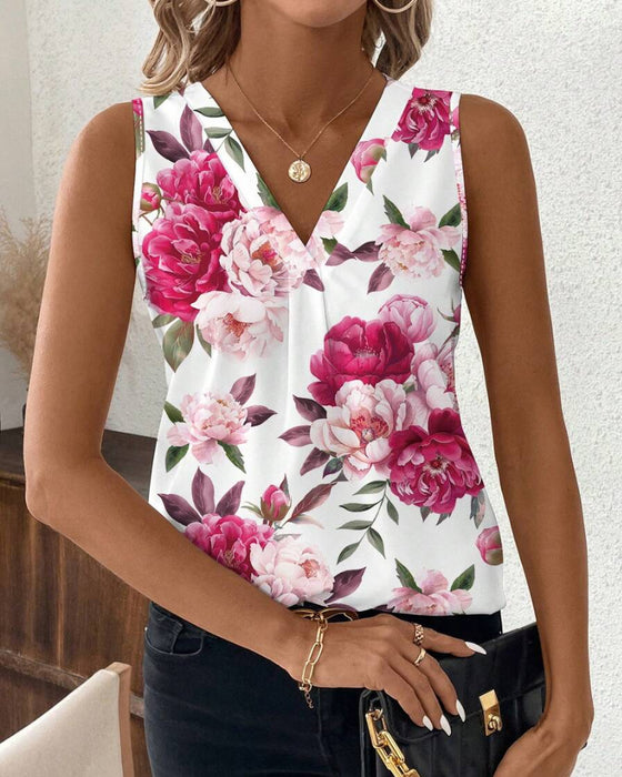 Ein Rundhalsiges Ärmelloses Bluse Mit Rosenmuster