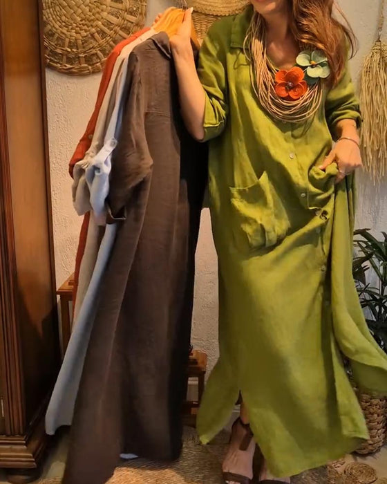 Kleid Tasche Leinen Cardigan Lässig