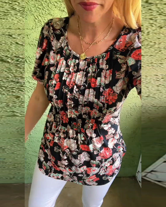 Bluse Rundhals Puffärmel Plissiert Blumenmuster