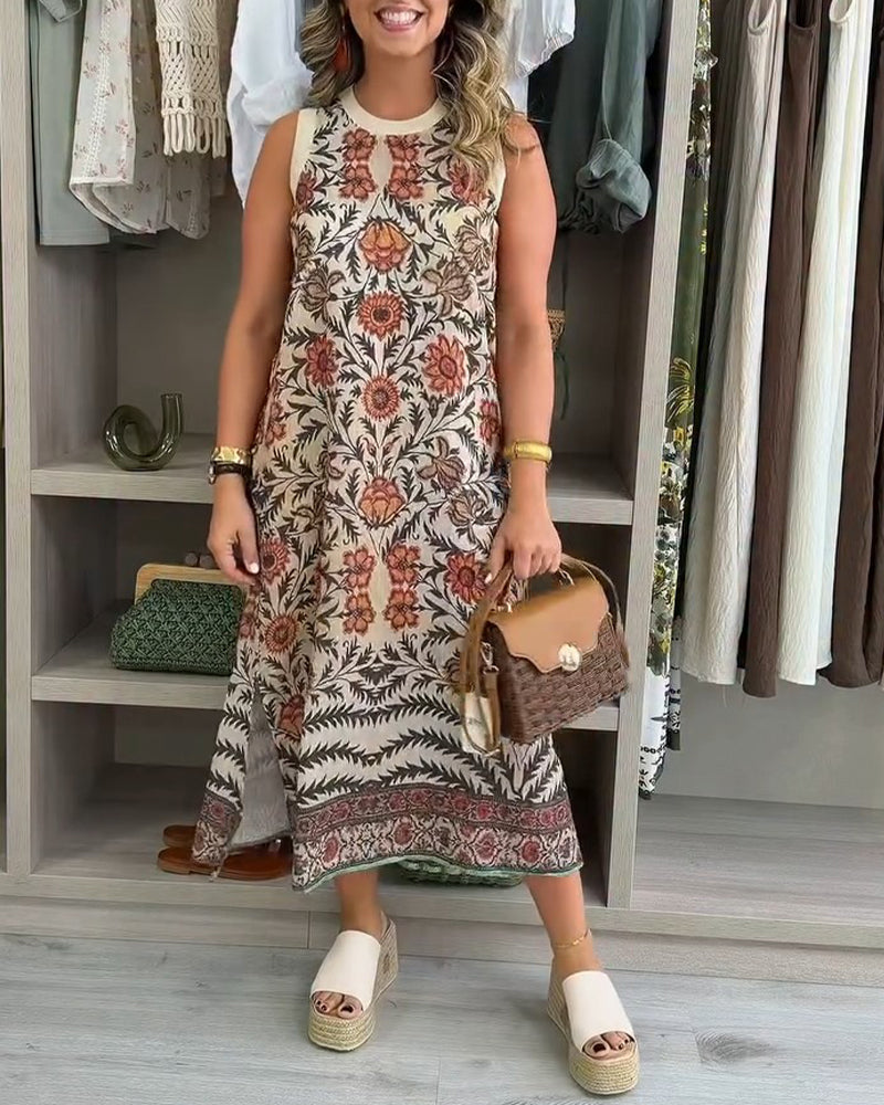 Kleid Rund Hals Ärmellos Blumig Schlitz