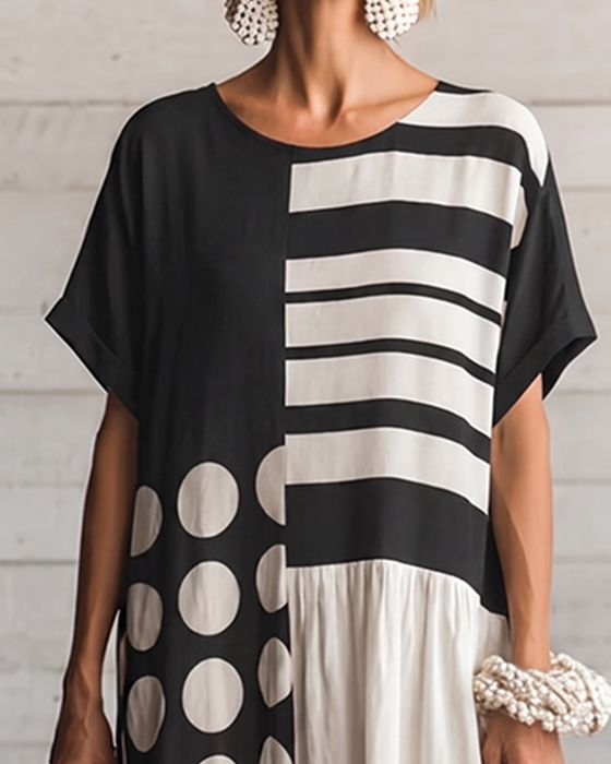 Kleid Rundhals Kurzarm Tupfen Patchwork